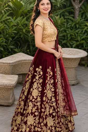 MAROON SEQUINS EMBROIDERED VELVET LEHENGA CHOLI SET FOR WOMEN'S