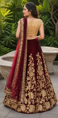 MAROON SEQUINS EMBROIDERED VELVET LEHENGA CHOLI SET FOR WOMEN'S 3