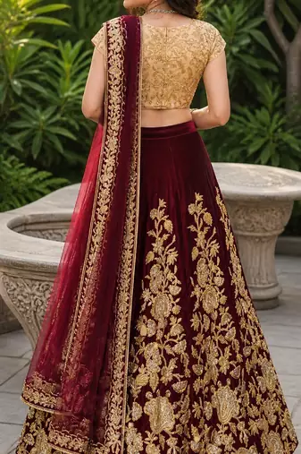 MAROON SEQUINS EMBROIDERED VELVET LEHENGA CHOLI SET FOR WOMEN'S
