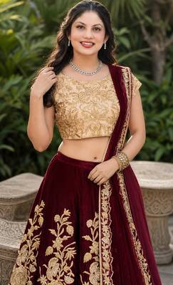 MAROON SEQUINS EMBROIDERED VELVET LEHENGA CHOLI SET FOR WOMEN'S 4