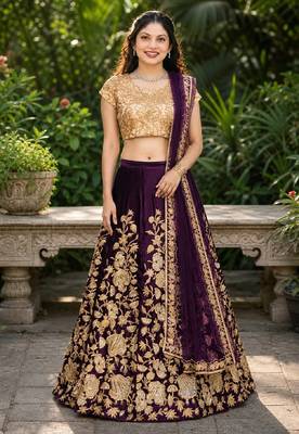 PURPLE SEQUINS EMBROIDERED VELVET LEHENGA CHOLI SET FOR WOMEN'S 1