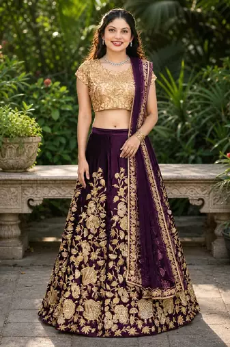 PURPLE SEQUINS EMBROIDERED VELVET LEHENGA CHOLI SET FOR WOMEN'S