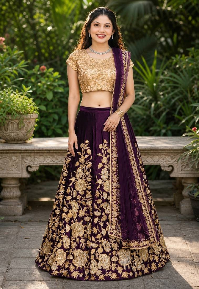 PURPLE SEQUINS EMBROIDERED VELVET LEHENGA CHOLI SET FOR WOMEN'S