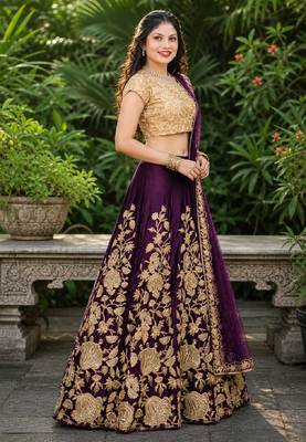 PURPLE SEQUINS EMBROIDERED VELVET LEHENGA CHOLI SET FOR WOMEN'S 2