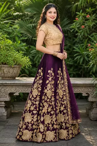 PURPLE SEQUINS EMBROIDERED VELVET LEHENGA CHOLI SET FOR WOMEN'S