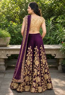 PURPLE SEQUINS EMBROIDERED VELVET LEHENGA CHOLI SET FOR WOMEN'S 3