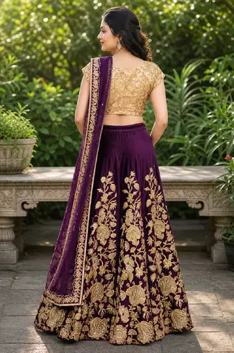 PURPLE SEQUINS EMBROIDERED VELVET LEHENGA CHOLI SET FOR WOMEN'S