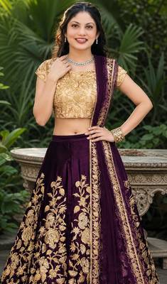 PURPLE SEQUINS EMBROIDERED VELVET LEHENGA CHOLI SET FOR WOMEN'S 4