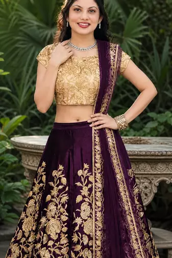 PURPLE SEQUINS EMBROIDERED VELVET LEHENGA CHOLI SET FOR WOMEN'S