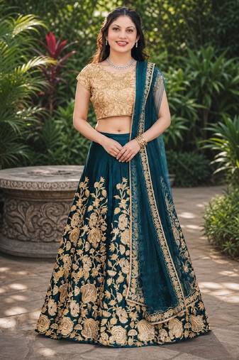 TURQUOISE SEQUINS EMBROIDERED VELVET LEHENGA CHOLI SET FOR WOMEN'S