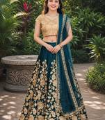 TURQUOISE SEQUINS EMBROIDERED VELVET LEHENGA CHOLI SET FOR WOMEN'S