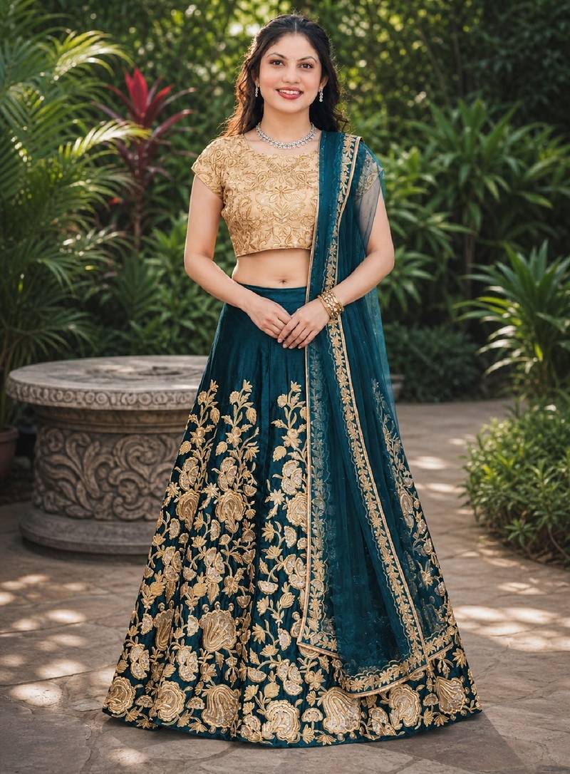 TURQUOISE SEQUINS EMBROIDERED VELVET LEHENGA CHOLI SET FOR WOMEN'S