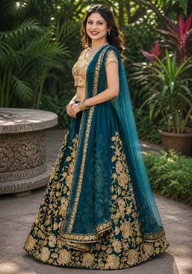 TURQUOISE SEQUINS EMBROIDERED VELVET LEHENGA CHOLI SET FOR WOMEN'S 2