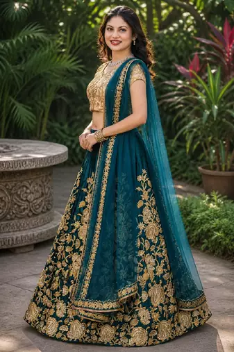 TURQUOISE SEQUINS EMBROIDERED VELVET LEHENGA CHOLI SET FOR WOMEN'S