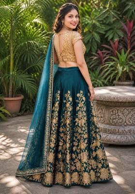 TURQUOISE SEQUINS EMBROIDERED VELVET LEHENGA CHOLI SET FOR WOMEN'S 3