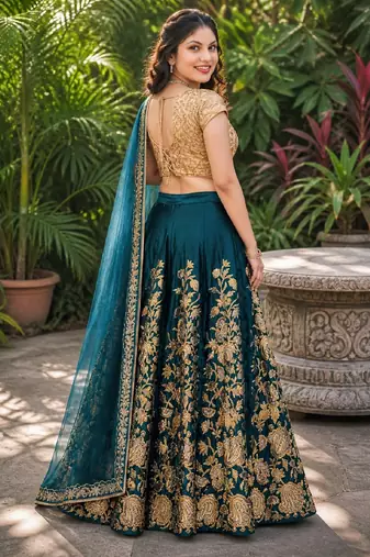 TURQUOISE SEQUINS EMBROIDERED VELVET LEHENGA CHOLI SET FOR WOMEN'S