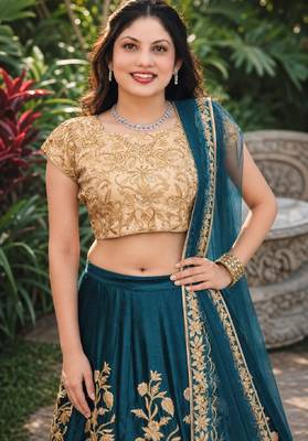 TURQUOISE SEQUINS EMBROIDERED VELVET LEHENGA CHOLI SET FOR WOMEN'S 4