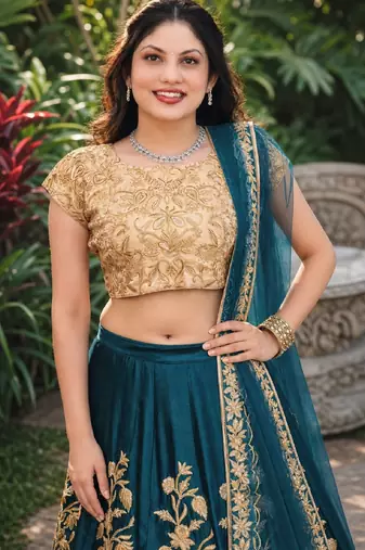 TURQUOISE SEQUINS EMBROIDERED VELVET LEHENGA CHOLI SET FOR WOMEN'S