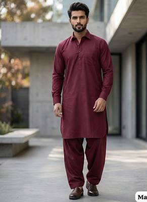 Maroon premium cotton pathani kurta salwar set for men 1