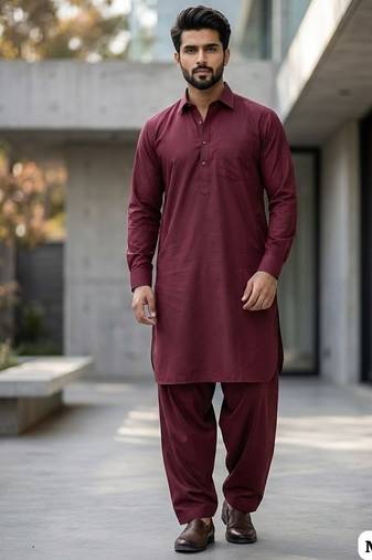Maroon premium cotton pathani kurta salwar set for men