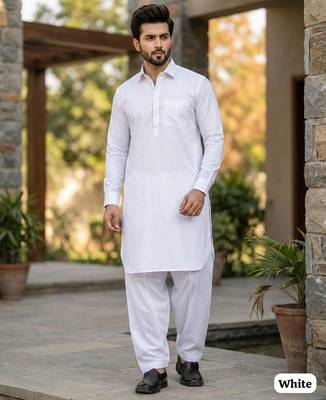 White premium cotton pathani kurta salwar set for men 1