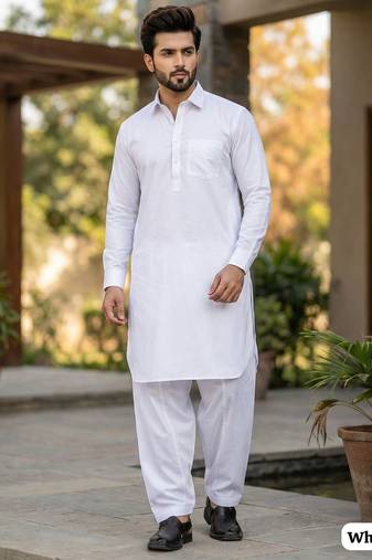 White premium cotton pathani kurta salwar set for men
