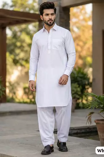 White premium cotton pathani kurta salwar set for men