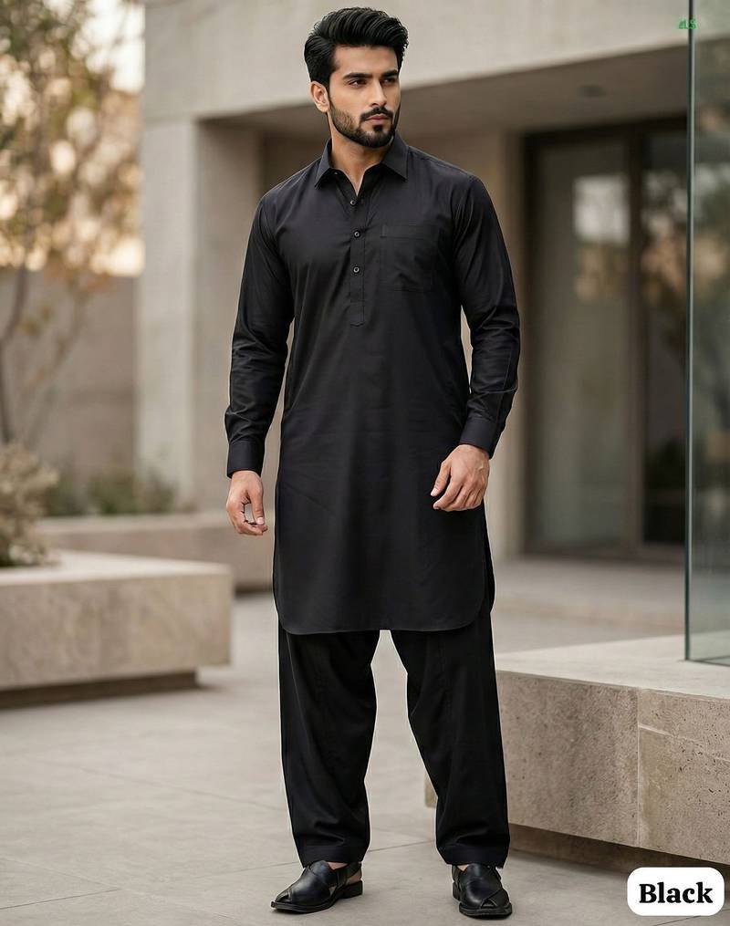 Black premium cotton pathani kurta salwar set for men