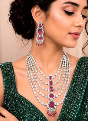 Ruby Red CZ Bridal Necklace Choker Set, Emerald Cut Chandelier Earrings, 1