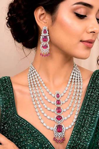 Ruby Red CZ Bridal Necklace Choker Set, Emerald Cut Chandelier Earrings,