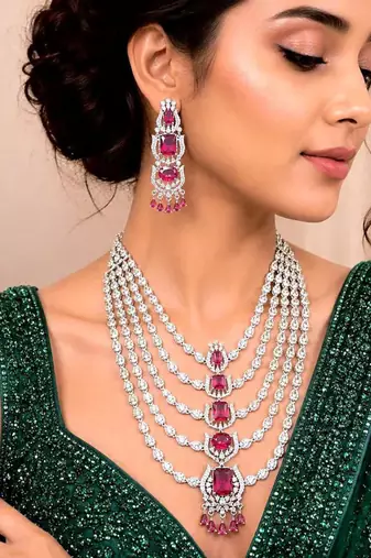 Ruby Red CZ Bridal Necklace Choker Set, Emerald Cut Chandelier Earrings,