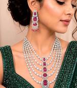 Ruby Red CZ Bridal Necklace Choker Set, Emerald Cut Chandelier Earrings,