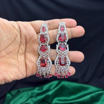 Ruby Red CZ Bridal Necklace Choker Set, Emerald Cut Chandelier Earrings, 2