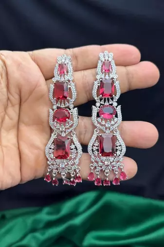 Ruby Red CZ Bridal Necklace Choker Set, Emerald Cut Chandelier Earrings,