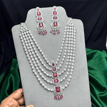 Ruby Red CZ Bridal Necklace Choker Set, Emerald Cut Chandelier Earrings, 3