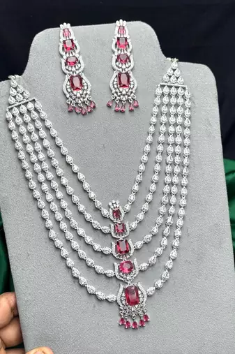 Ruby Red CZ Bridal Necklace Choker Set, Emerald Cut Chandelier Earrings,