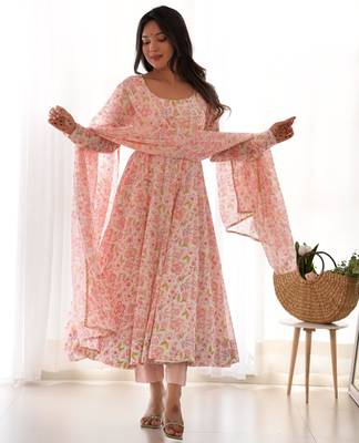 Women's Beautiful Floral Printed Chiffon Fabric Flared Anarkali Pant and Dupatta Set 1