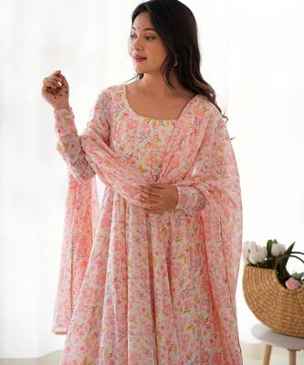 Women's Beautiful Floral Printed Chiffon Fabric Flared Anarkali Pant and Dupatta Set 2