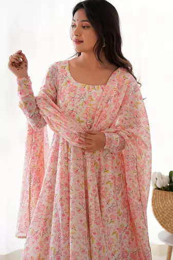 Women's Beautiful Floral Printed Chiffon Fabric Flared Anarkali Pant and Dupatta Set
