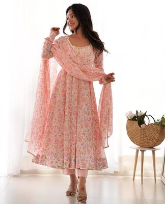 Women's Beautiful Floral Printed Chiffon Fabric Flared Anarkali Pant and Dupatta Set 4