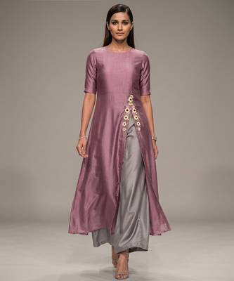 Mauve pink embroidered dupion silk co ord set 1