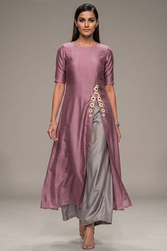 Mauve pink embroidered dupion silk co ord set