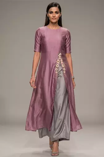 Mauve pink embroidered dupion silk co ord set