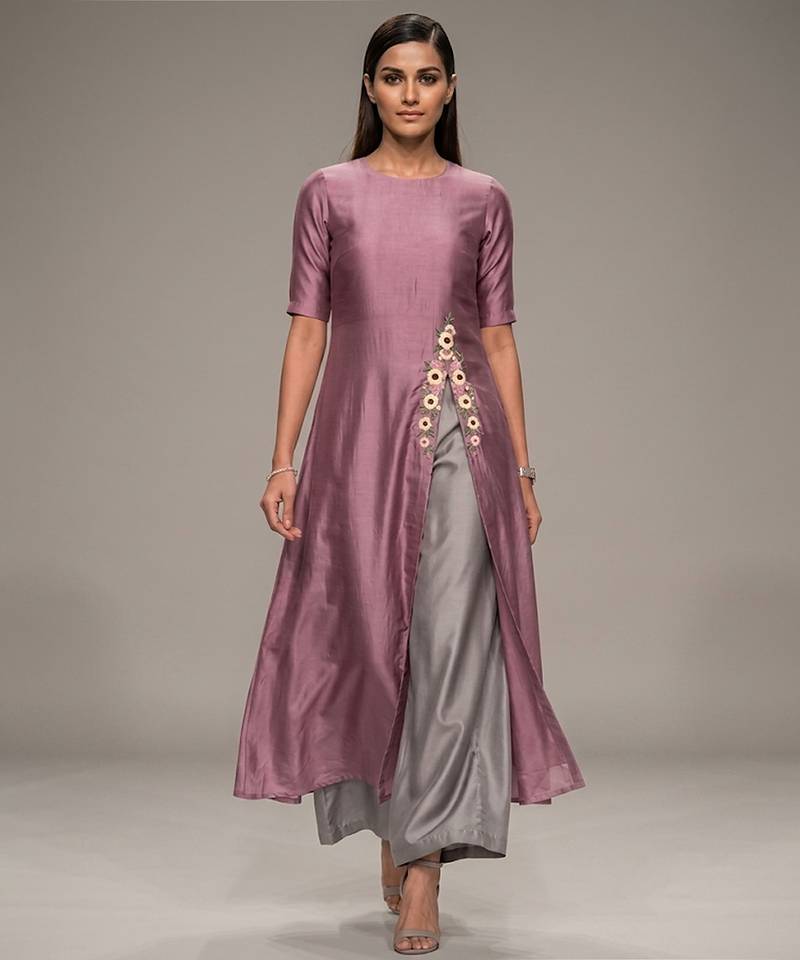 Mauve pink embroidered dupion silk co ord set