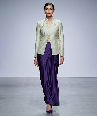Sage green embroidered dupion silk purple skirt set 1