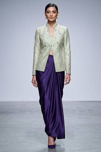 Sage green embroidered dupion silk purple skirt set