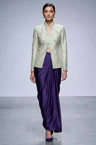 Sage green embroidered dupion silk purple skirt set