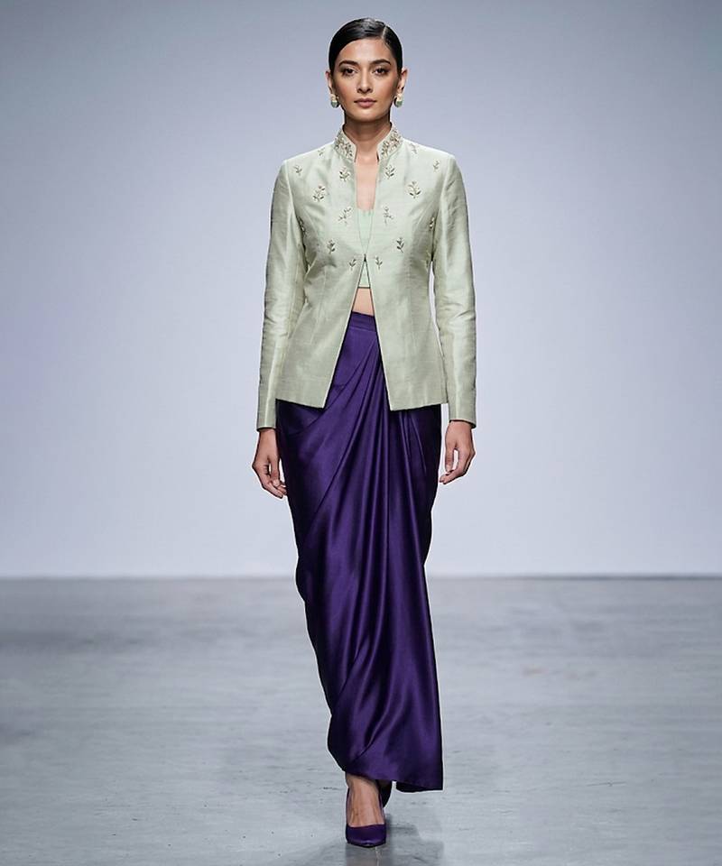 Sage green embroidered dupion silk purple skirt set
