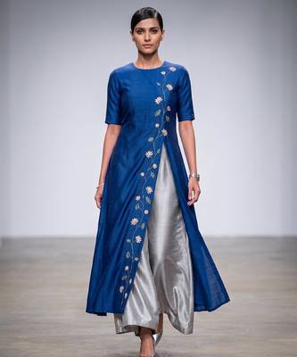 Royal blue thread embroidered dupion silk co ord set 1