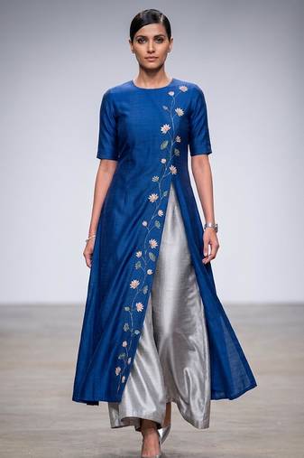 Royal blue thread embroidered dupion silk co ord set